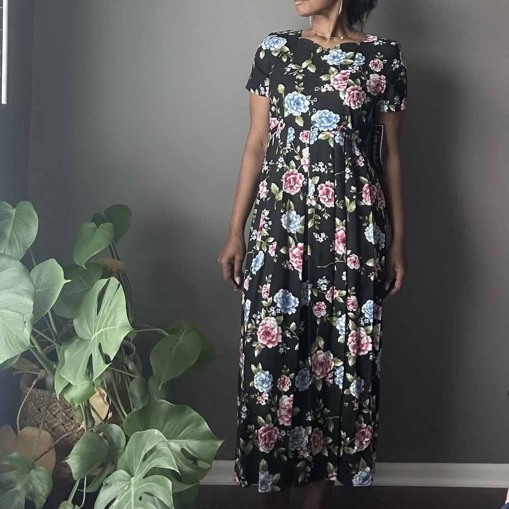 Vintage Erika Maxi Dress Women's Small Black Floral Print Tie Waist 90s Mom NWT - Picture 2 of 14